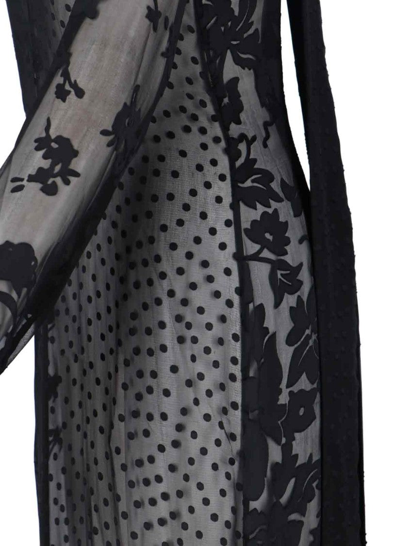 Marine Serre Sheer Black Midi Dress With Floral Patterns And Scarf Detail