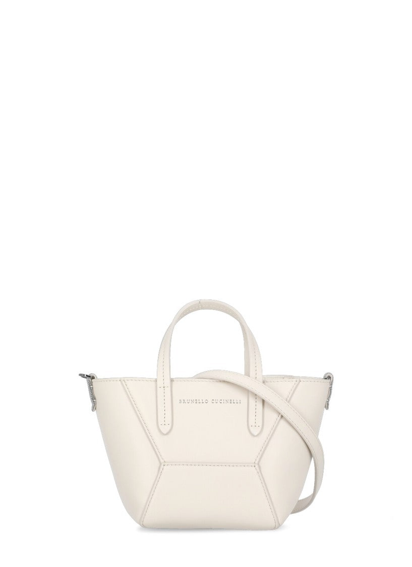 Brunello Cucinelli Ivory Leather Handbag With Contrasting Logo