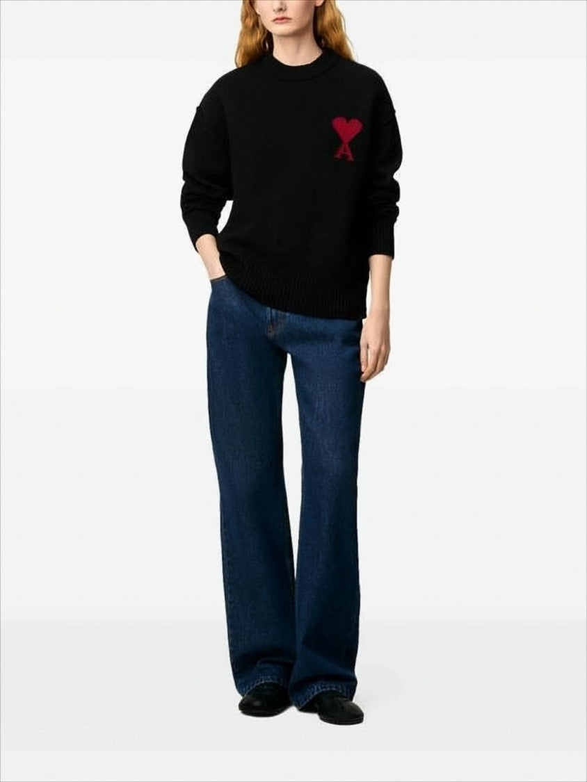 Ami Relaxed Fit Black Wool Sweater With Heart Emblem