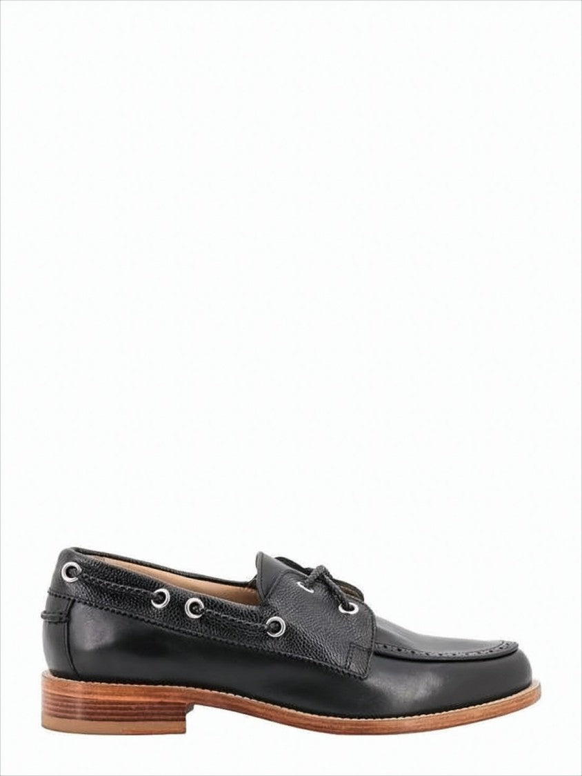 Thom Browne Polished Black Leather Loafers With Moc Toe Design And Lace Detail