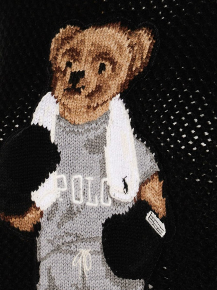 Polo Ralph Lauren Open-Knit Sweater With Playful Bear Graphic And Ribbed Trim