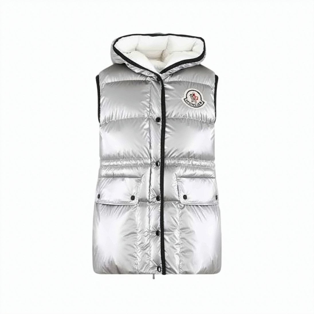 Moncler Quilted Silver Down Vest With Hood And Metallic Finish