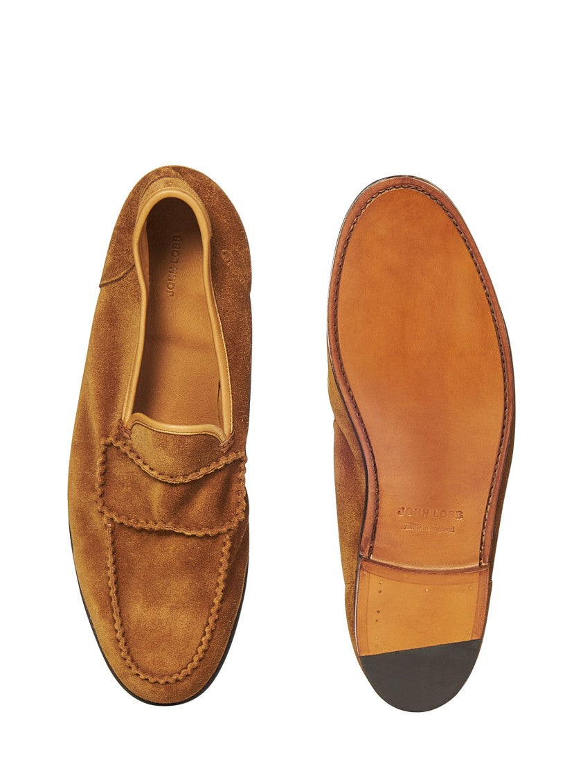 John Lobb Tobacco Suede Pace Loafers With Almond Toe And Stacked Heel