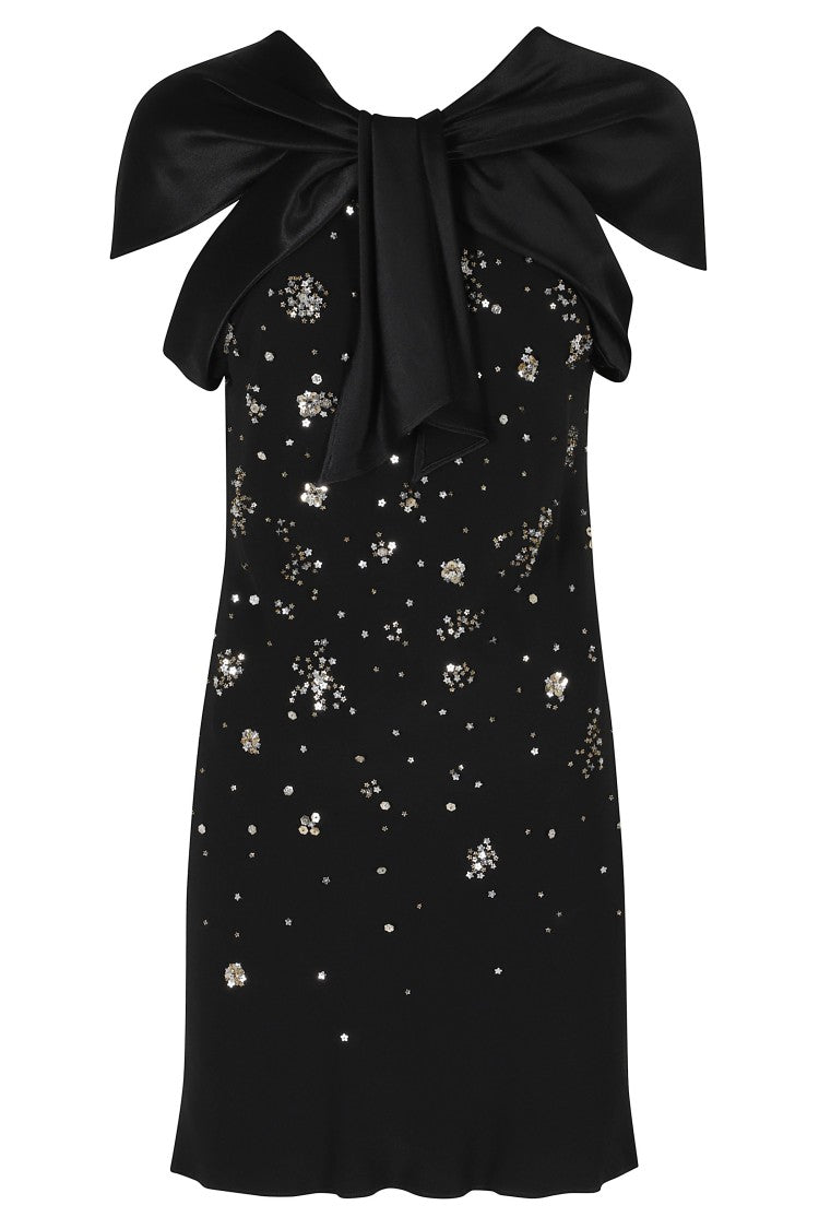 Alberta Ferretti Black Enver Satin Star Applique Bow V-Neck Viscose Dress