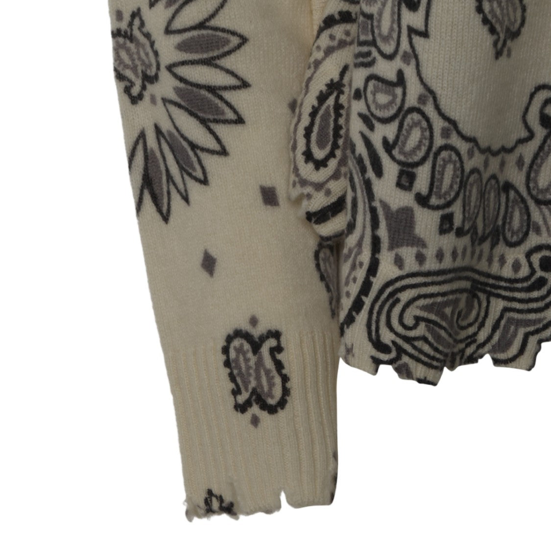 Kujiten Intricately Patterned Cream Knit Sweater With Scalloped Hem