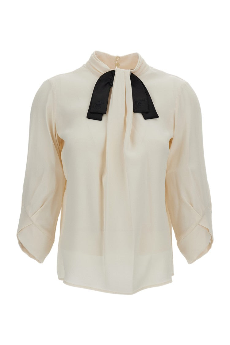 Elisabetta Franchi Cream White Satin Bow Embroidered Shirt