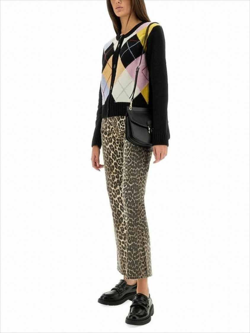 Ganni Button-Up Cardigan With Pastel Argyle Pattern And Ribbed Cuffs