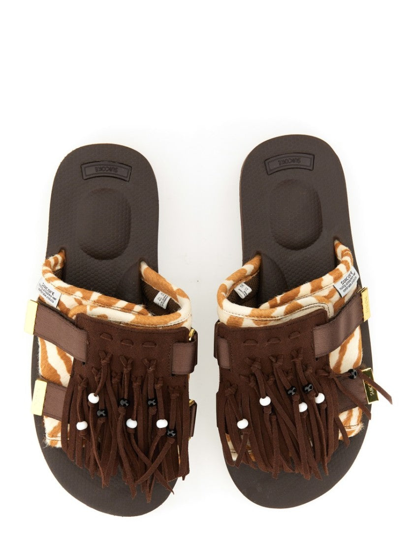 Suicoke Fringed Design Brown Leather Slippers