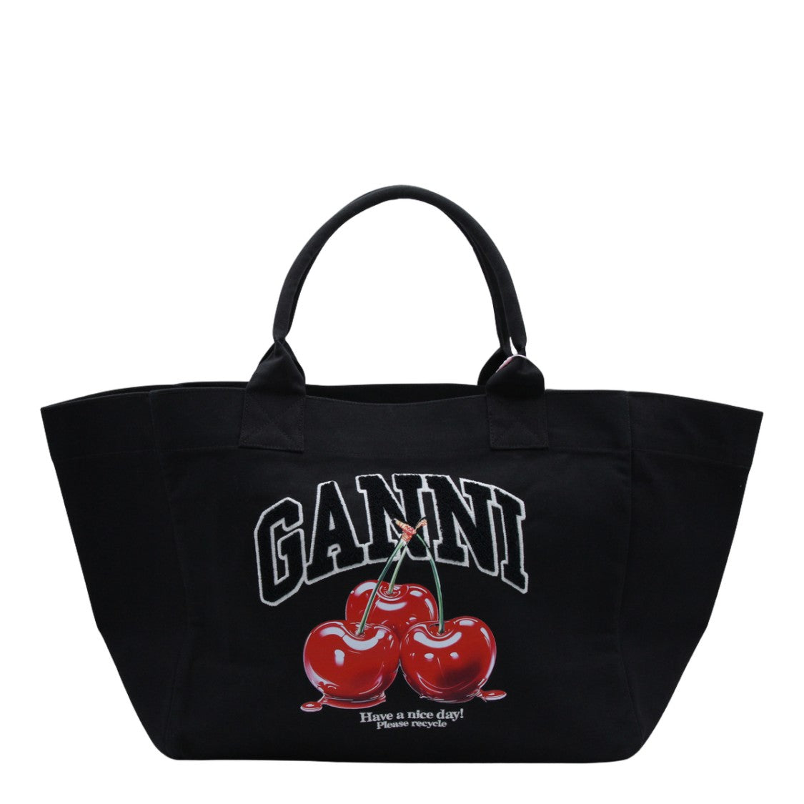 Ganni Spacious Black Tote Bag With Playful Cherry Graphic