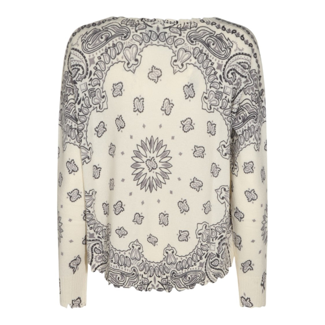 Kujiten Intricately Patterned Cream Knit Sweater With Scalloped Hem