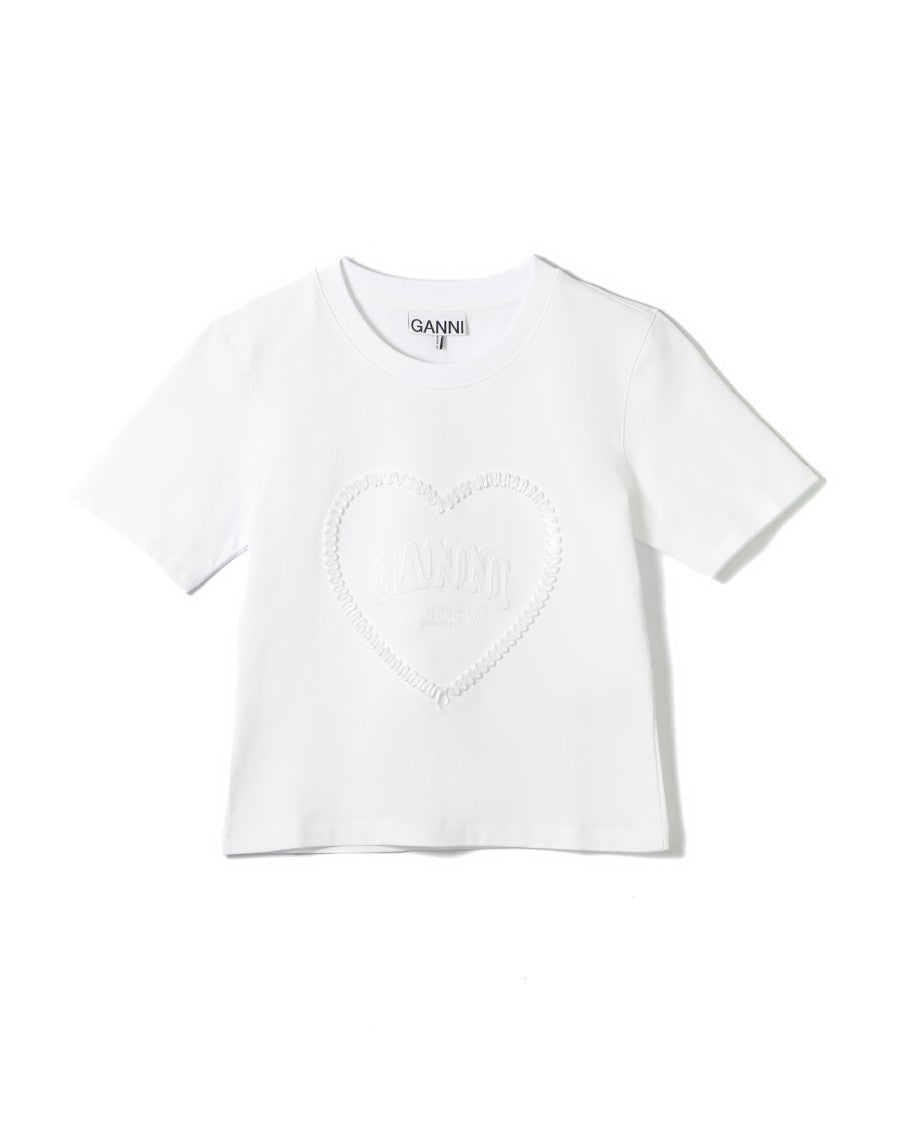 Ganni Heart-Embroidered White Heavy Cotton T-Shirt