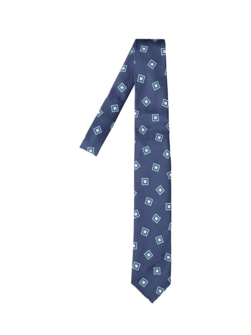 Cesare Attolini Deep Blue Geometric Pattern Silk Necktie