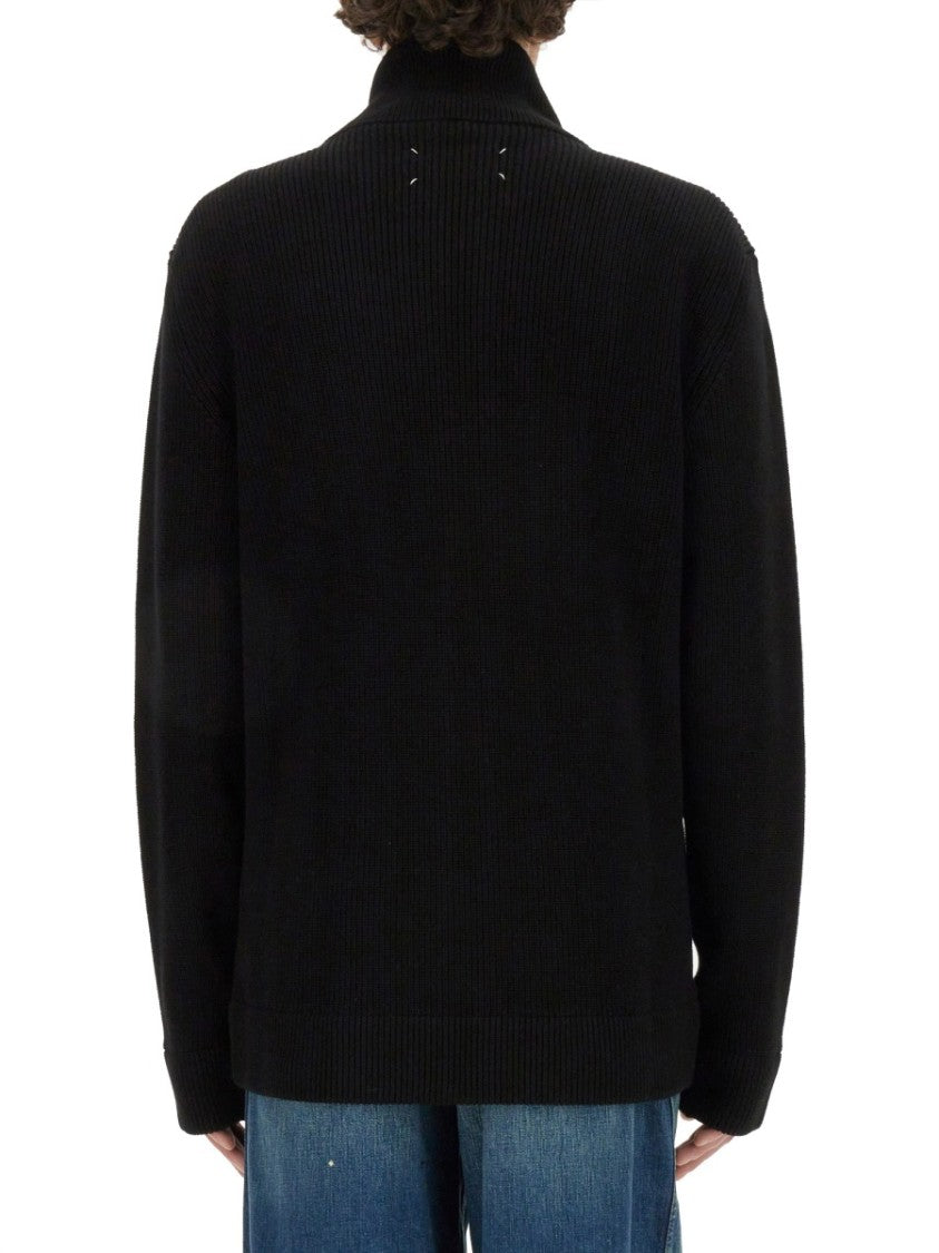 Maison Margiela Ribbed Knit Cardigan With Full Front Zipper And High Collar