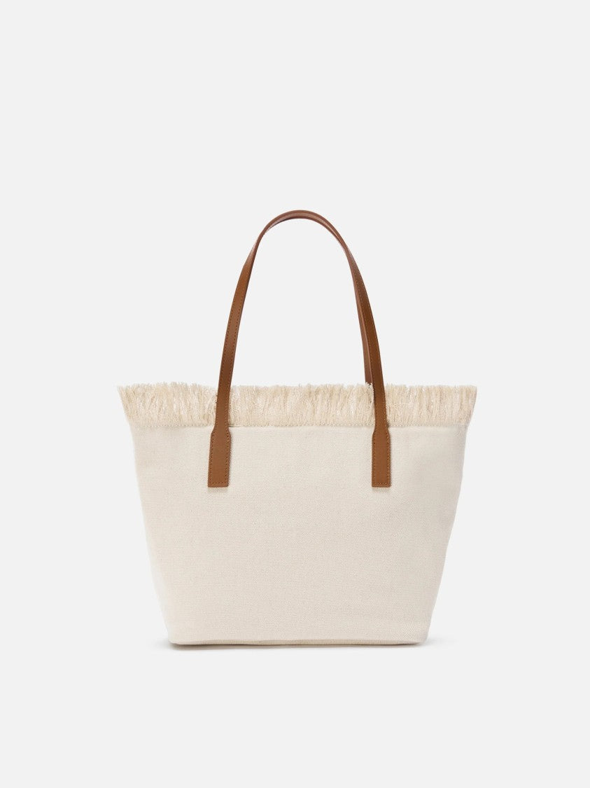 Mc2 Saint Barth Fringed Beige Canvas Tote Bag With Leather Accents