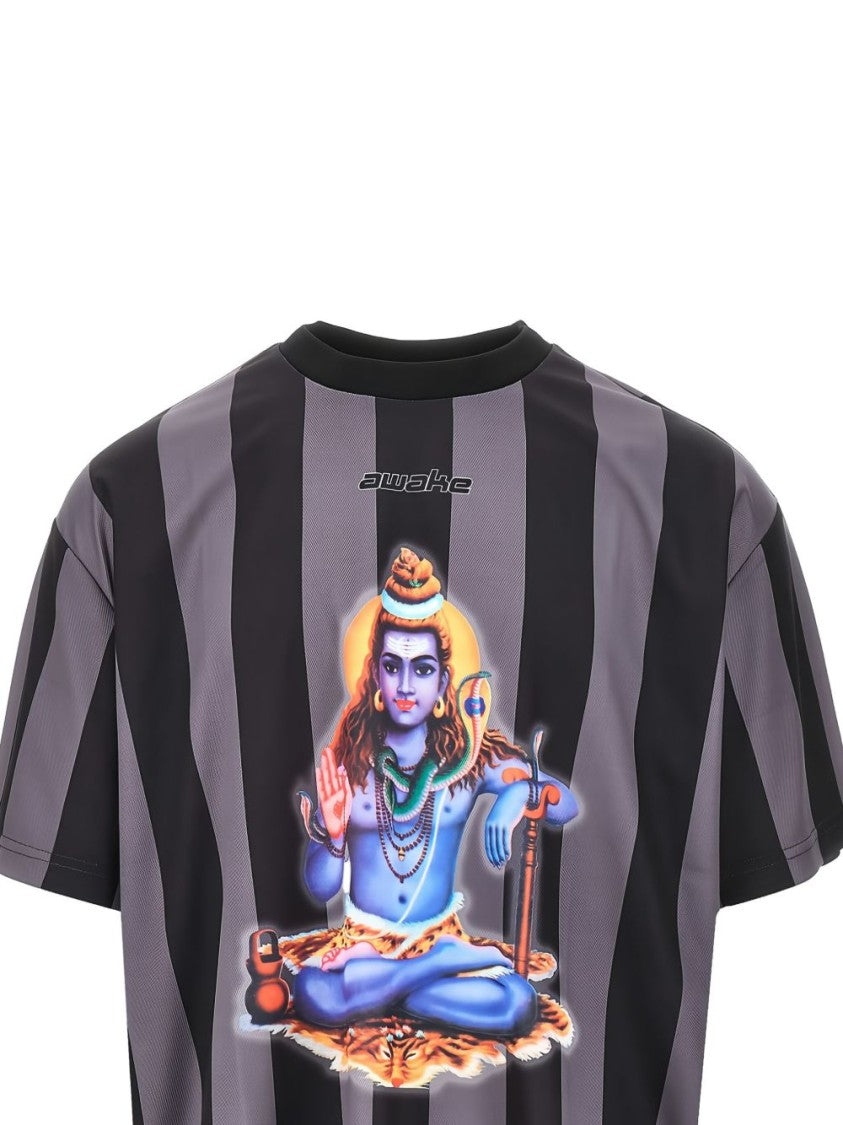 Awake Ny Short-Sleeved Black Waffle T-Shirt With Striking Graphic Print