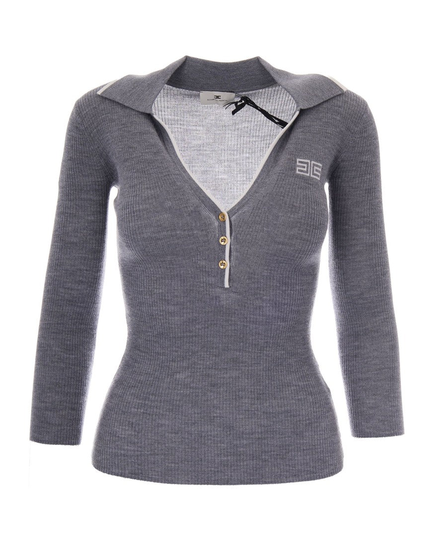 Elisabetta Franchi Ribbed Knit Polo With Sail Collar And Intarsia Logo