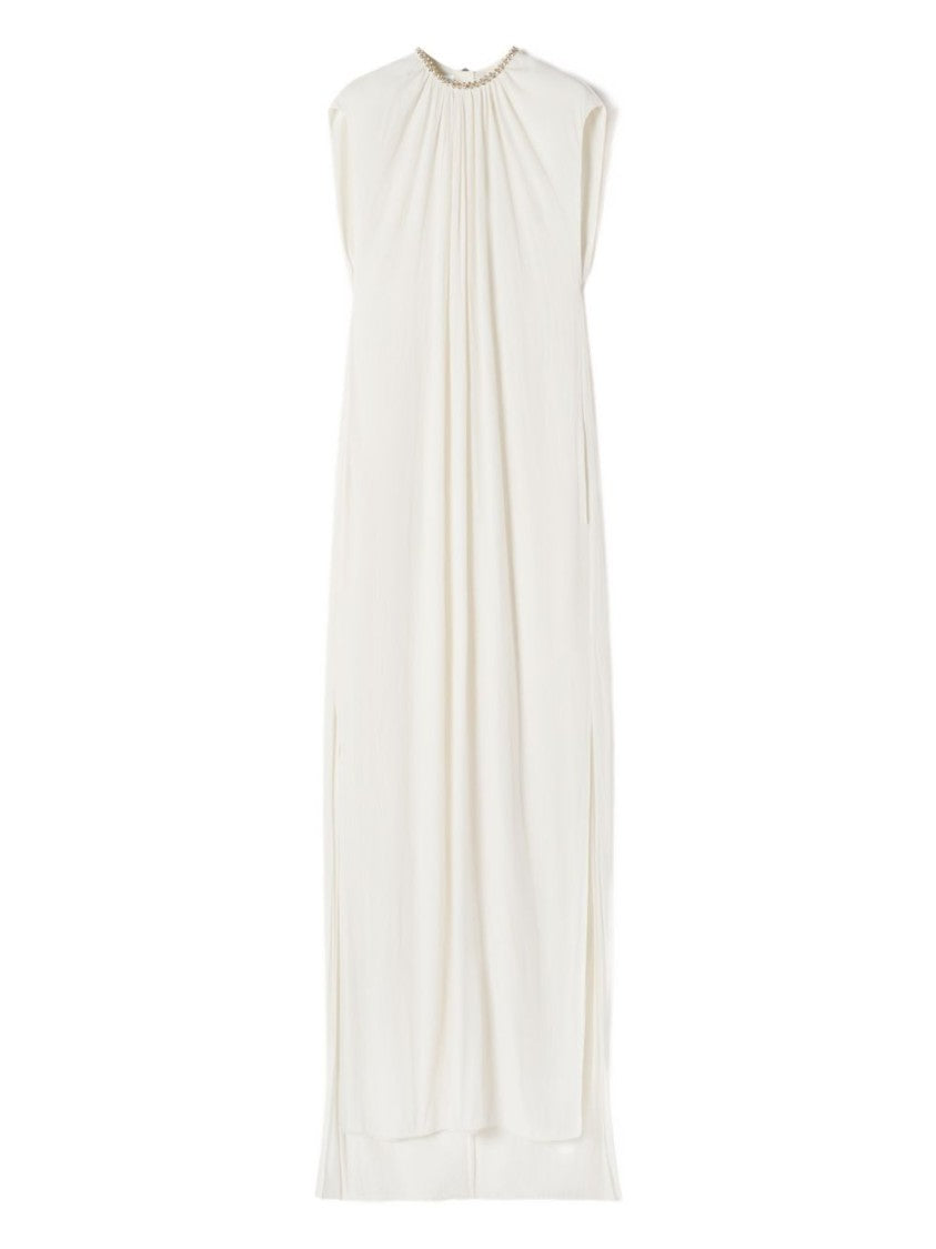 Lanvin White Embellished Collar Gathered Sleeveless Dress