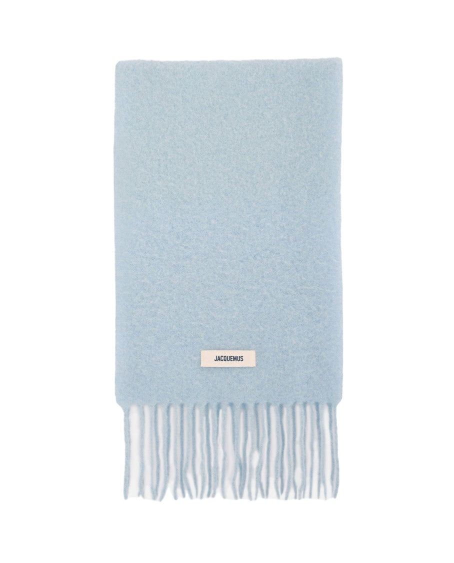 Jacquemus Fringed Wool Blend Scarf With Embroidered Grosgrain Logo