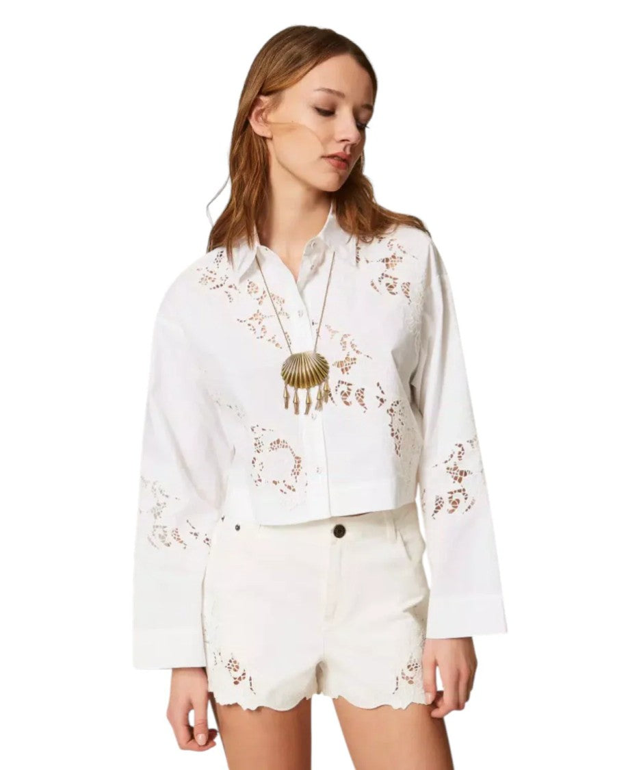 Twin-Set Cropped Long-Sleeve Shirt With Floral Embroidery