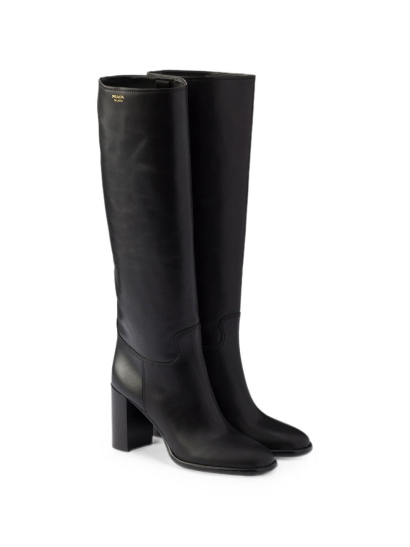 Prada Black Gold Logo Block Heel Leather Boots