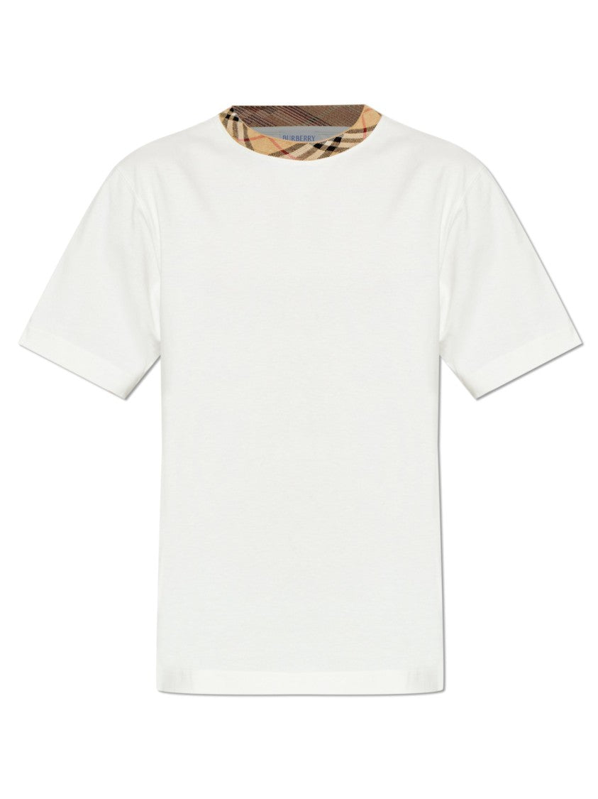 Burberry White Cotton Check Collar T-Shirt