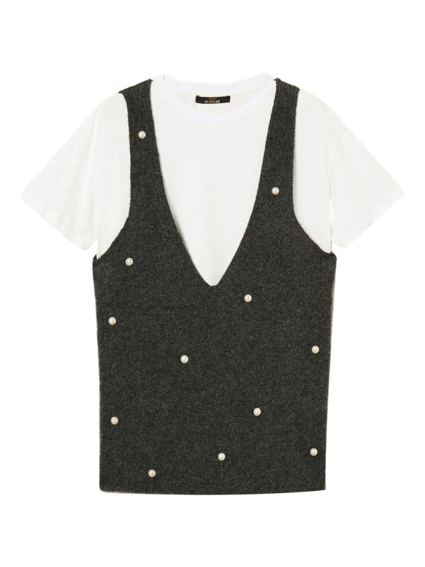 Twin-Set Grey Charcoal Sleeveless Knit Vest Over White T-Shirt