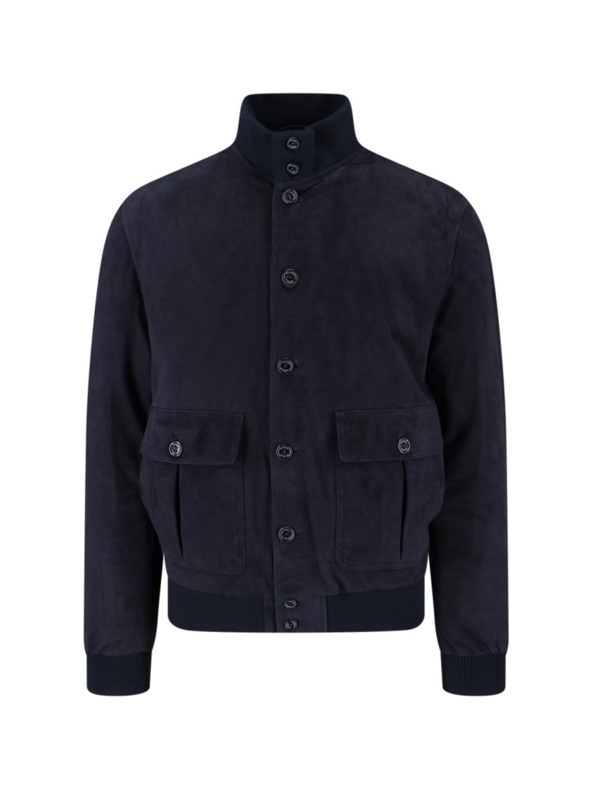 Valstar Navy Suede Bomber Jacket With Padded Design And Flap Pockets