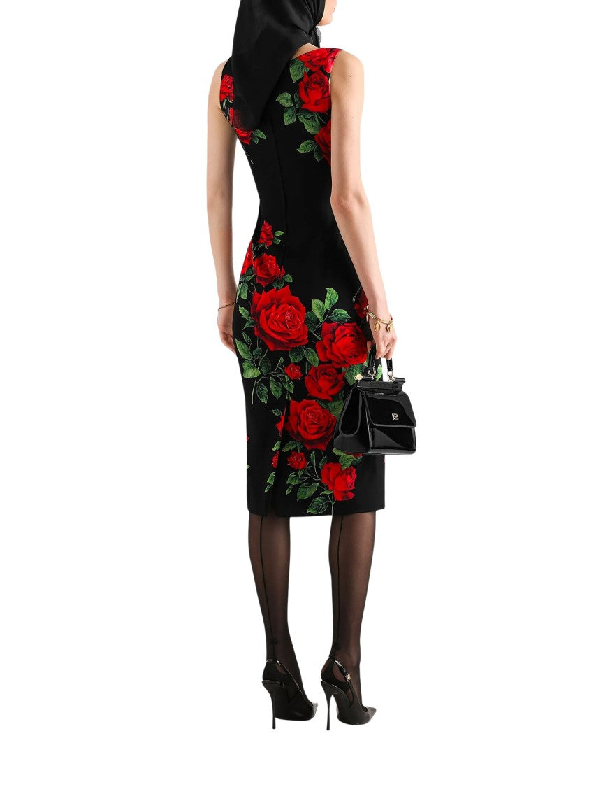 Dolce & Gabbana Black Rose Print Silk Midi Dress