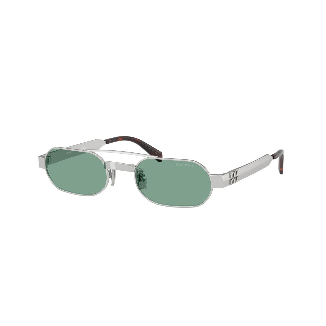 Miu Miu Rectangular Green Lens Sunglasses With Silver Metal Frame