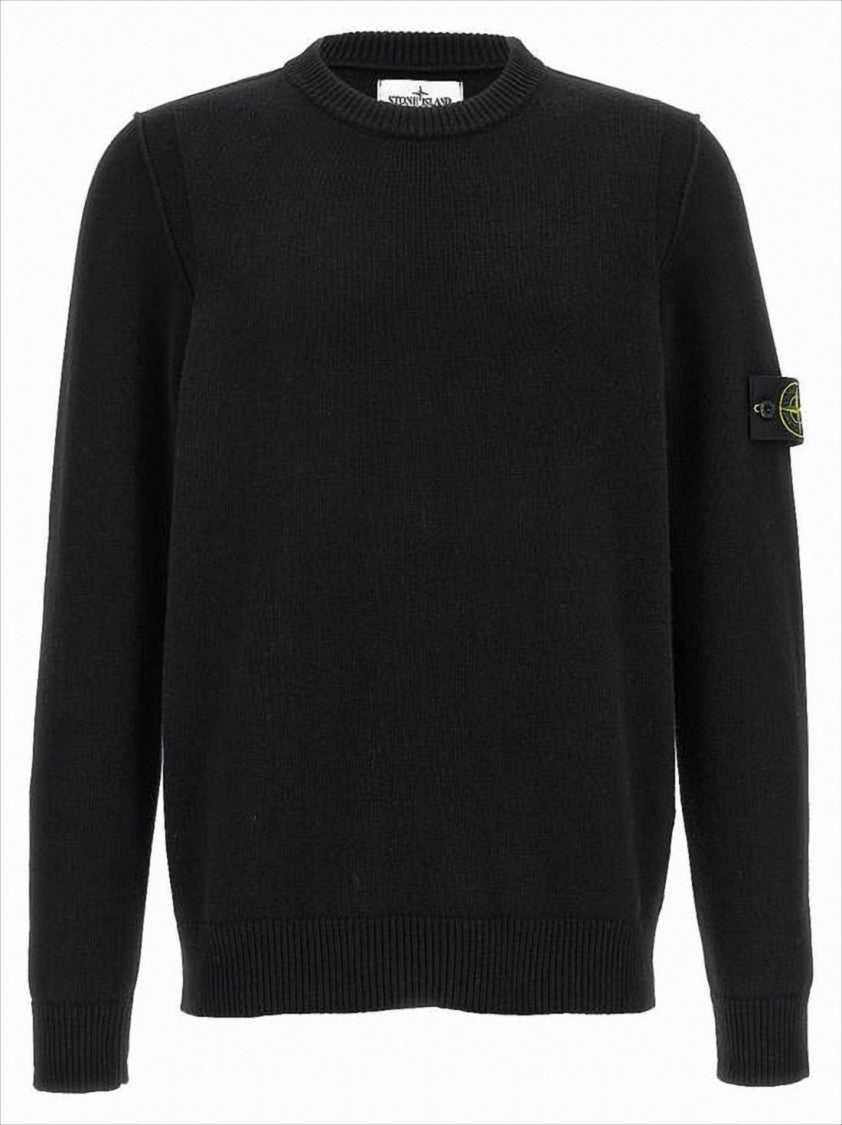 Stone Island Minimalist Black Crewneck Sweater With Ribbed Accents