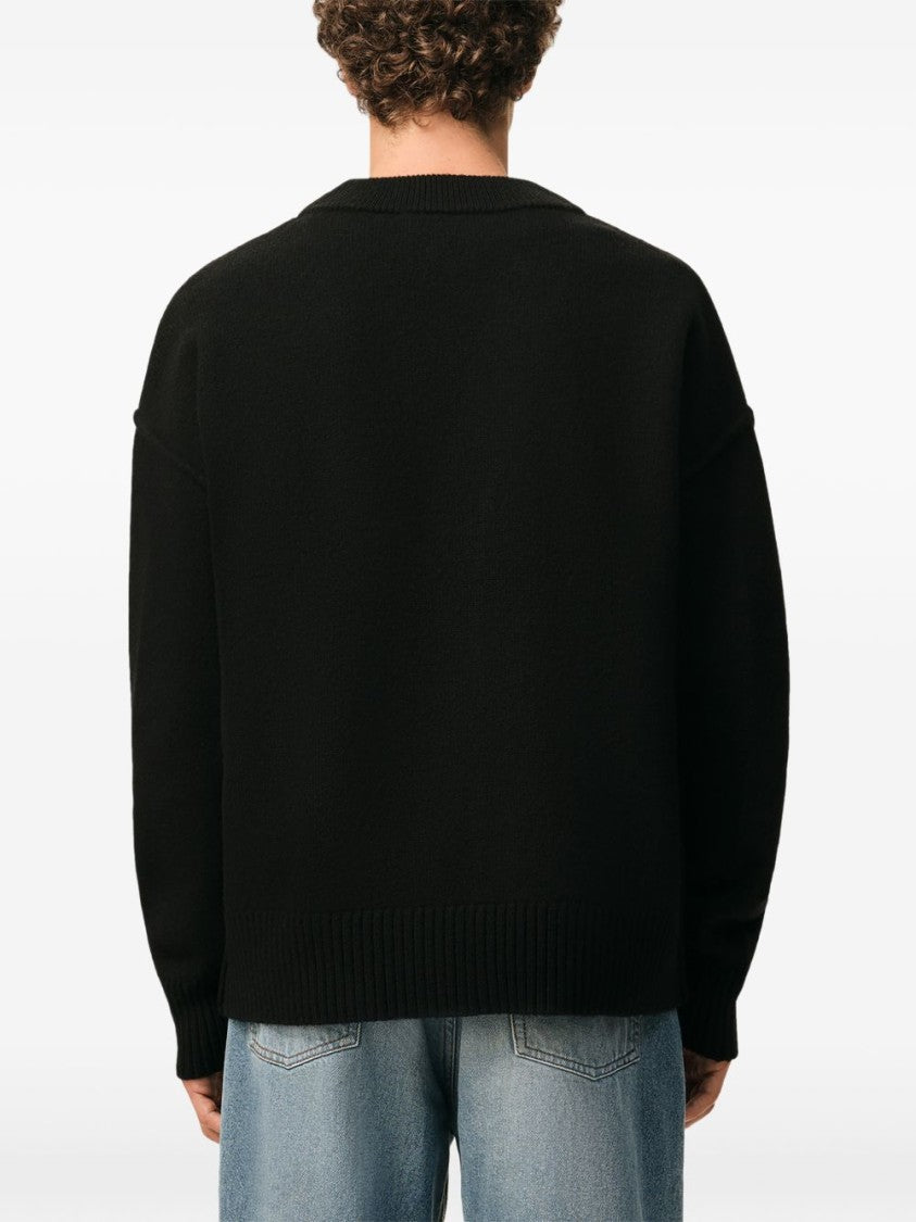 Ami Paris Black Knit Cardigan With V-Neck And Heart Detail