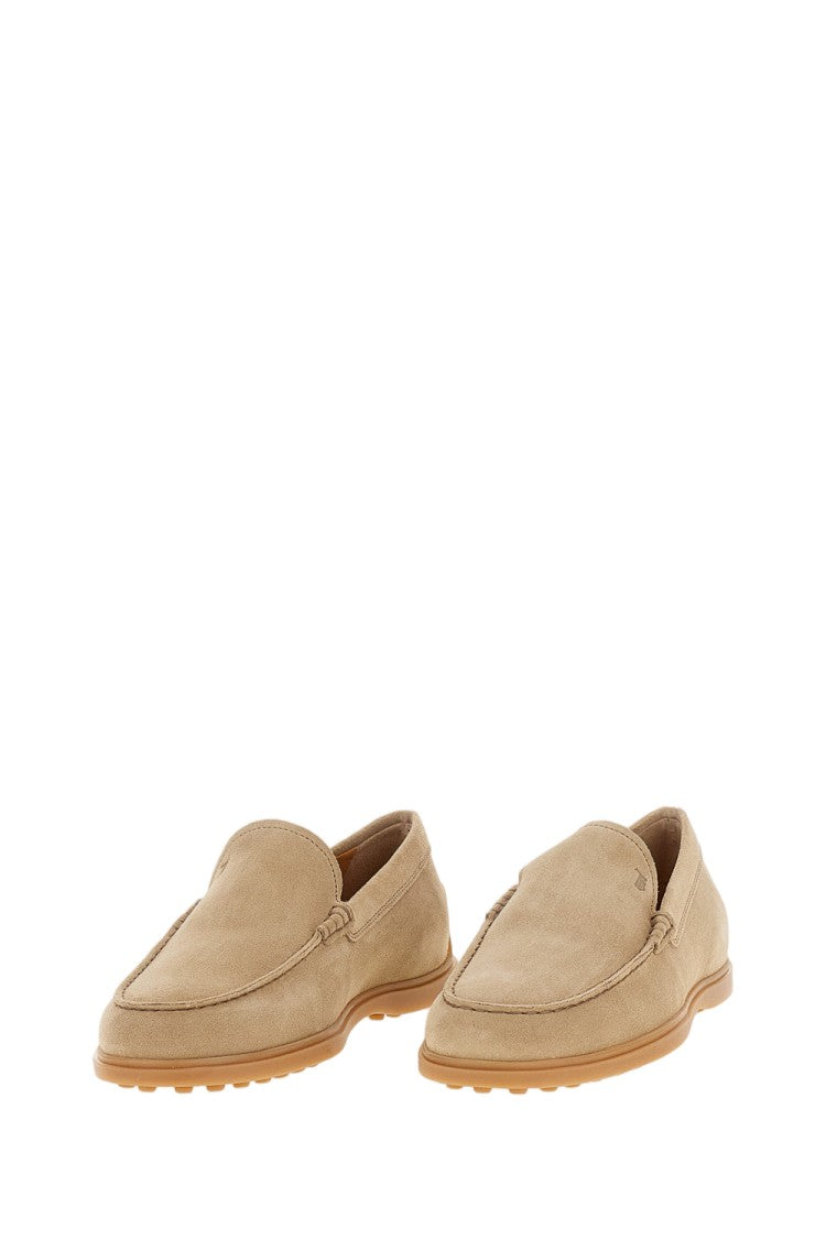 Tod's Beige Suede Slipper Loafers With Embossed Monogram