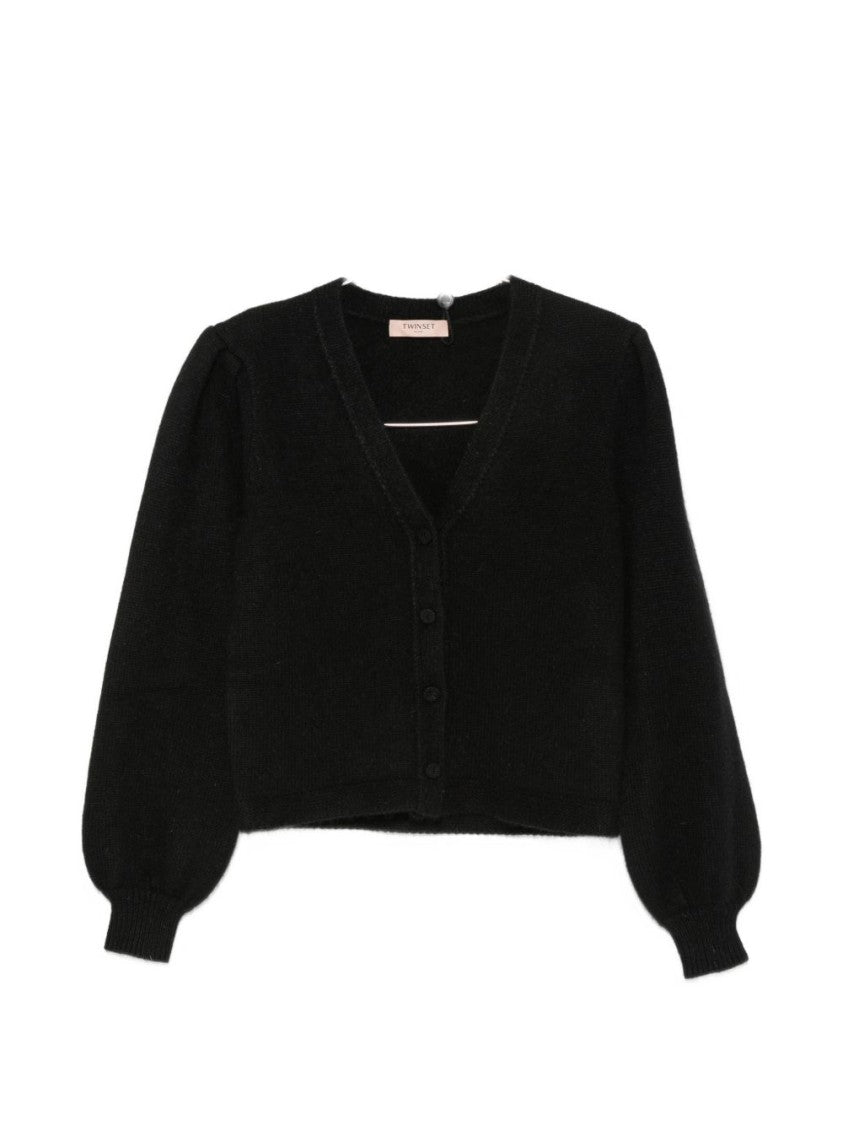 Twin-Set Cropped Deep V-Neck Puff-Sleeve Knit Sweater