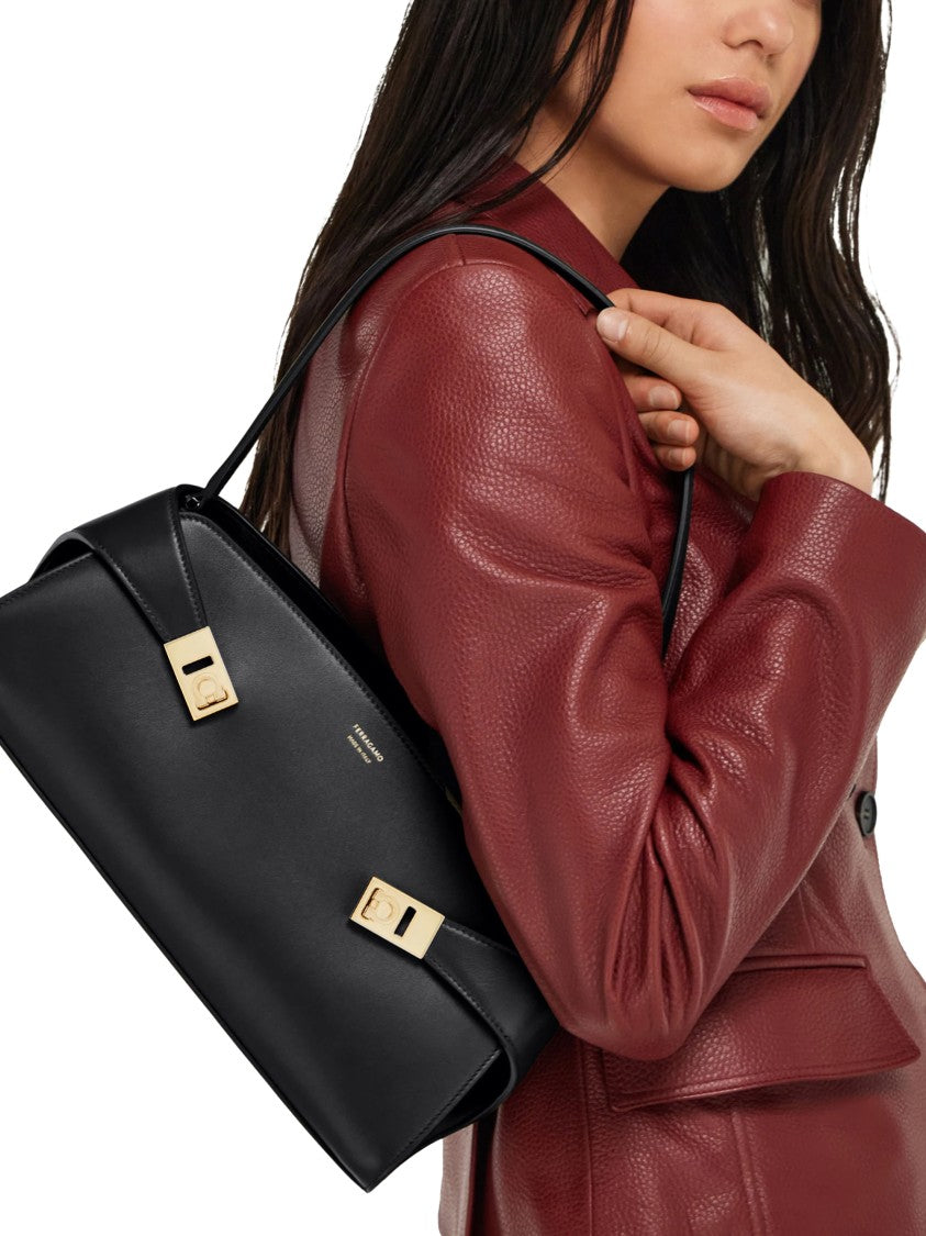 Ferragamo Hug Sh Ew Gold Accent Black Leather Handbag