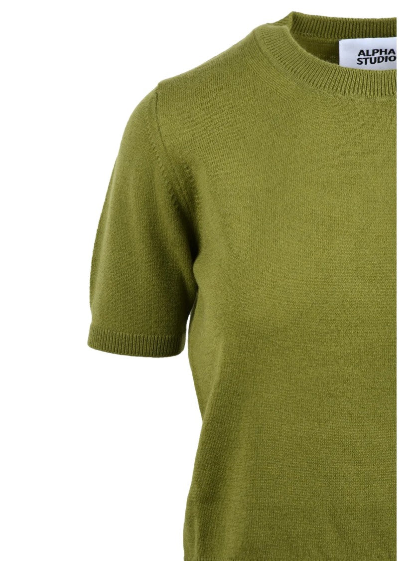 Alpha Studio Fitted Short-Sleeve Wool Sweater In Pistachio Green