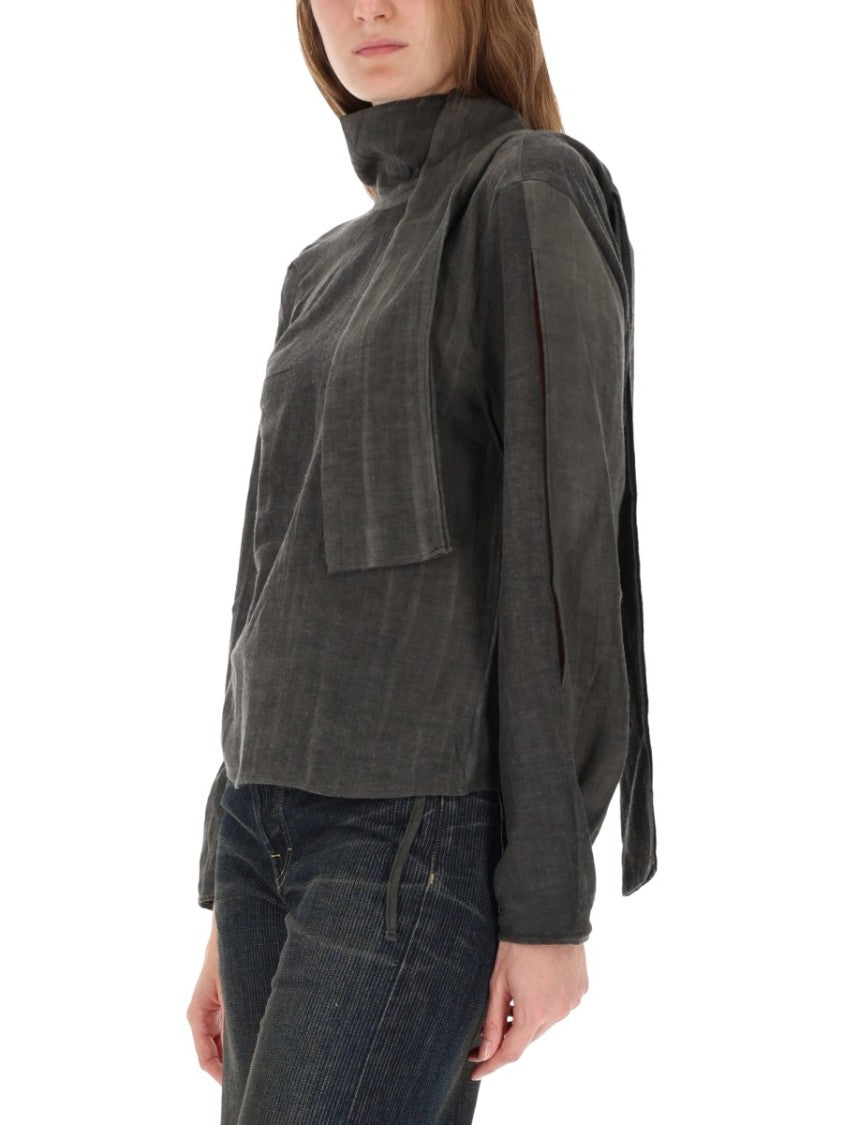 Our Legacy Textured Grey Top With High Neckline And Drape Detail