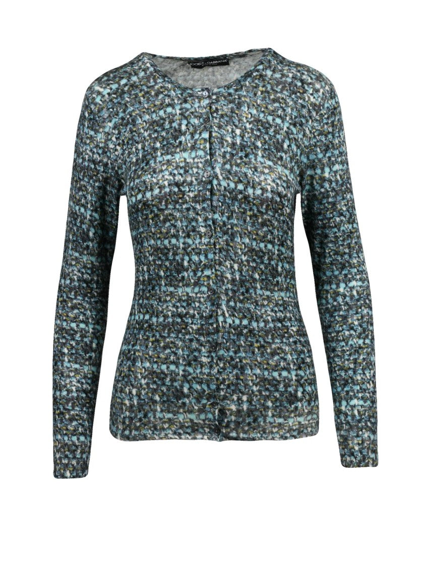 Dolce & Gabbana Light Blue Textured Knit Virgin Wool Cropped Cardigan