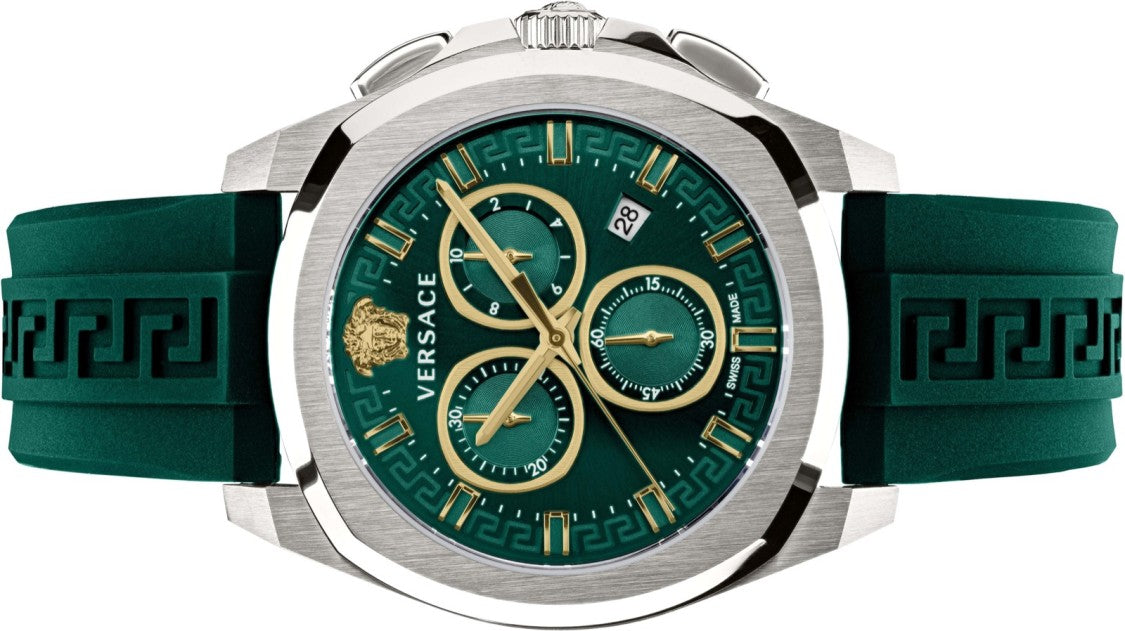 Versace Chronograph Geo Watch With Green Dial And Silicone Strap