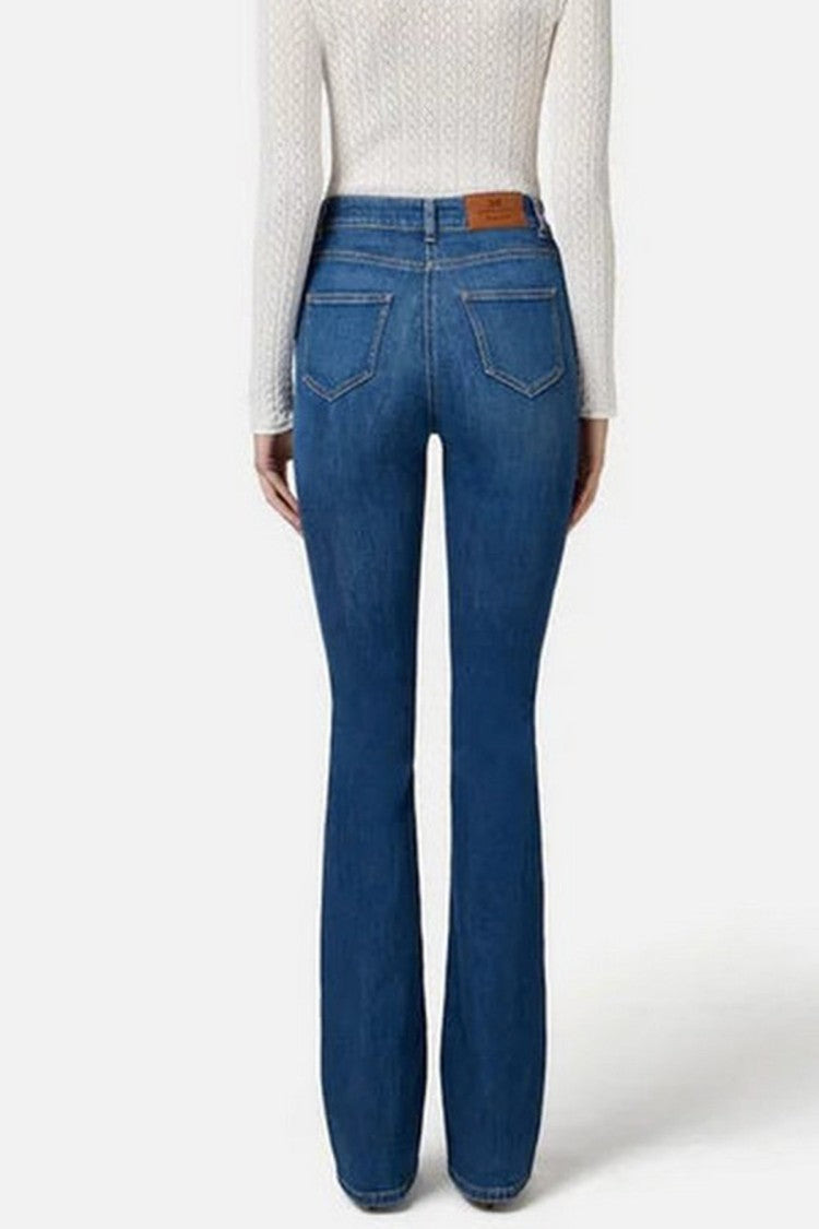 Elisabetta Franchi Blue Flap Pocket Gold Button Cotton-Blend Flared Pants