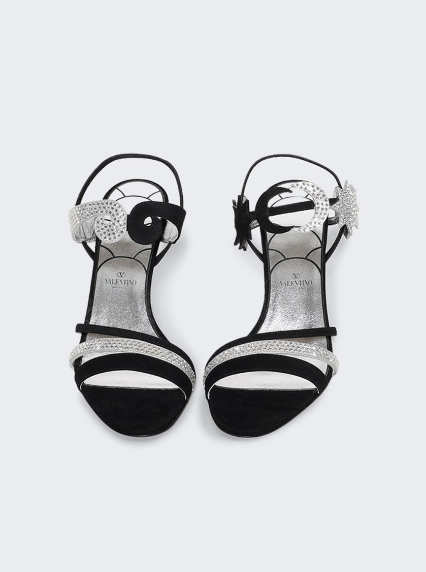 Valentino Garavani L'une Et L'autre Suede Sandal Black And Silver Crystal