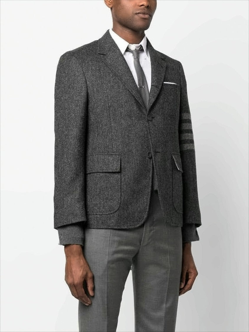 Thom Browne Tailored Grey Suit Jacket With Notch Lapel And Signature Stripes