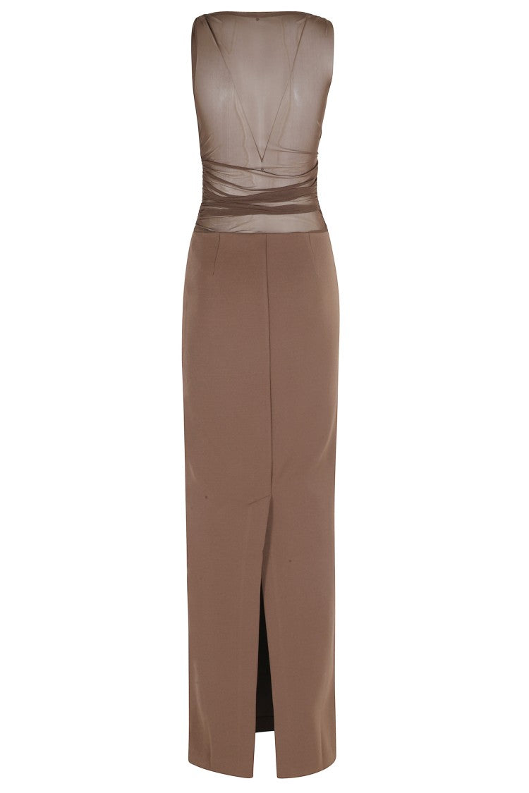 Seroya Brown Marla Semi-Sheer Draped Polyester Maxi Dress