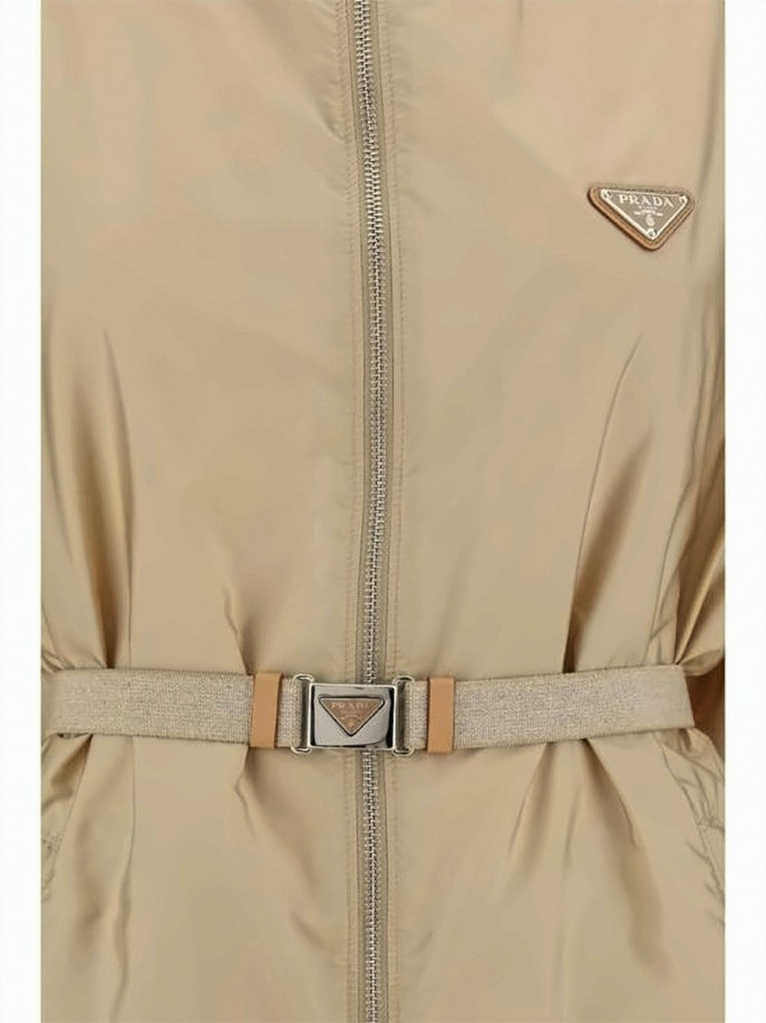 Prada Hooded Casual Jacket With Belted Waist And Triangular Logo