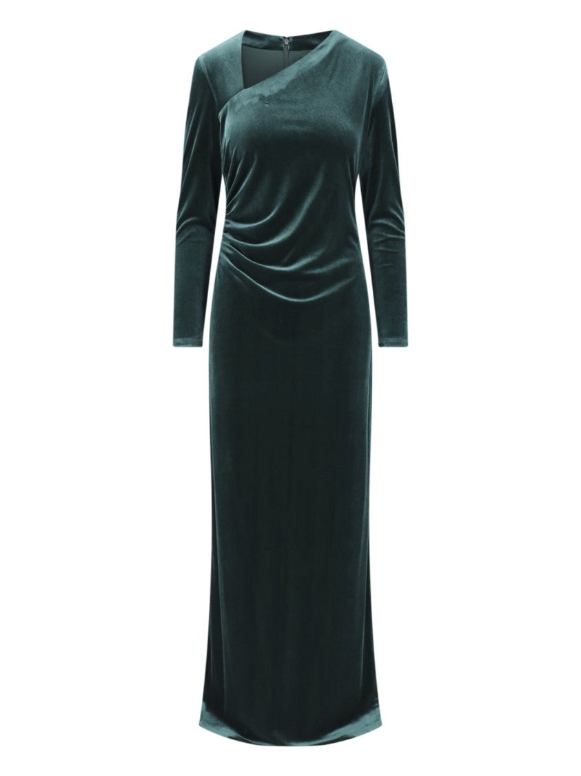 Polo Ralph Lauren Green Asymmetrical Ruched Velvet Maxi Dress