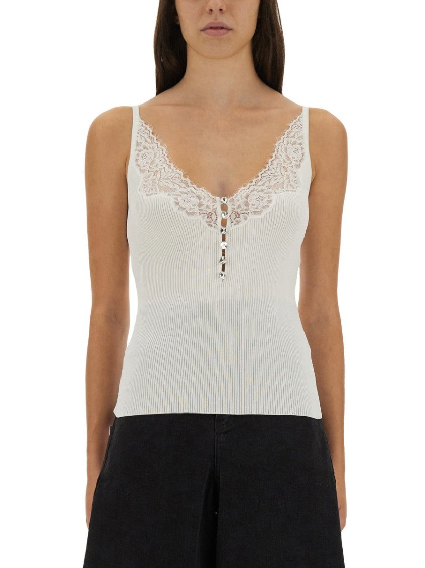 Self-Portrait Ribbed Knit Top With Lace