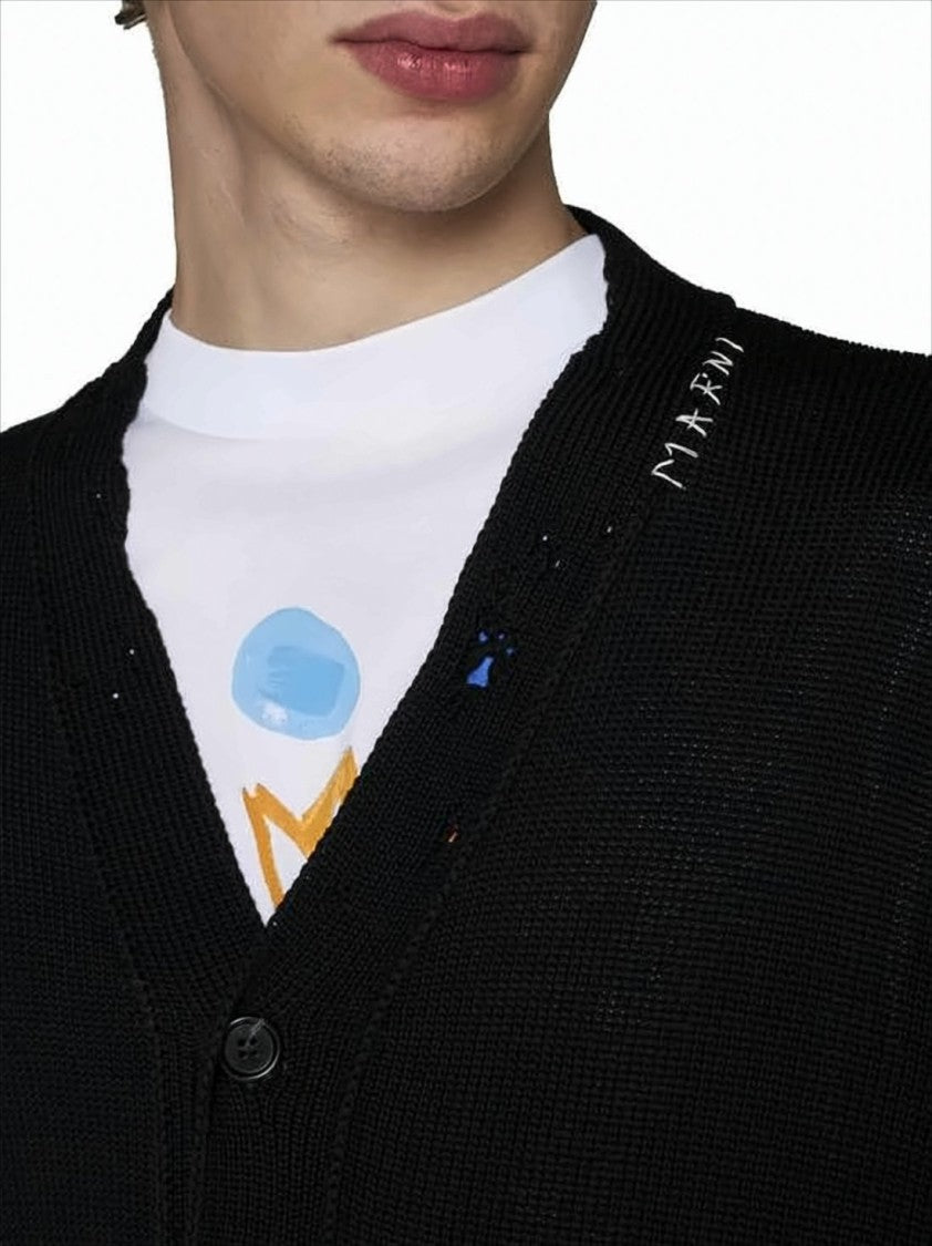 Marni Cropped Boxy Cardigan With Deep V-Neckline And Ribbed Details