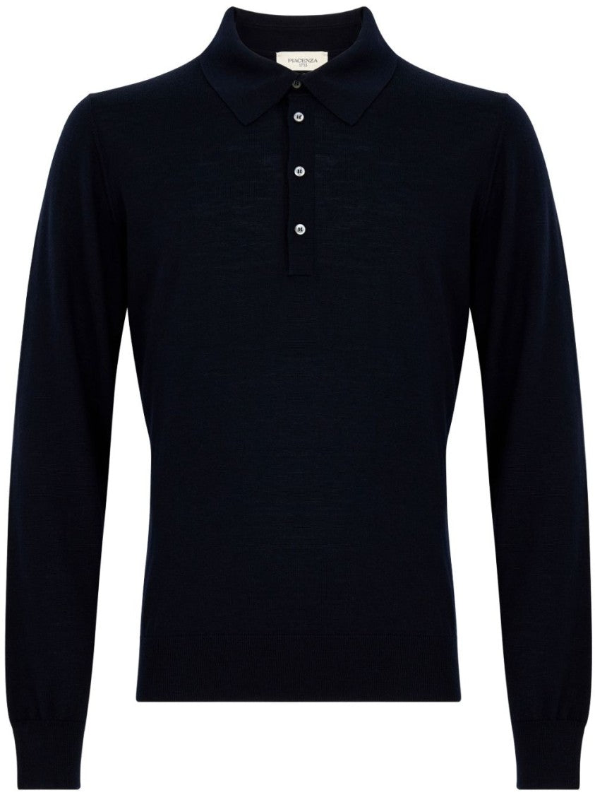 Piacenza Cashmere Polo-Collared Blue Cashmere Sweater With Ribbed Detailing