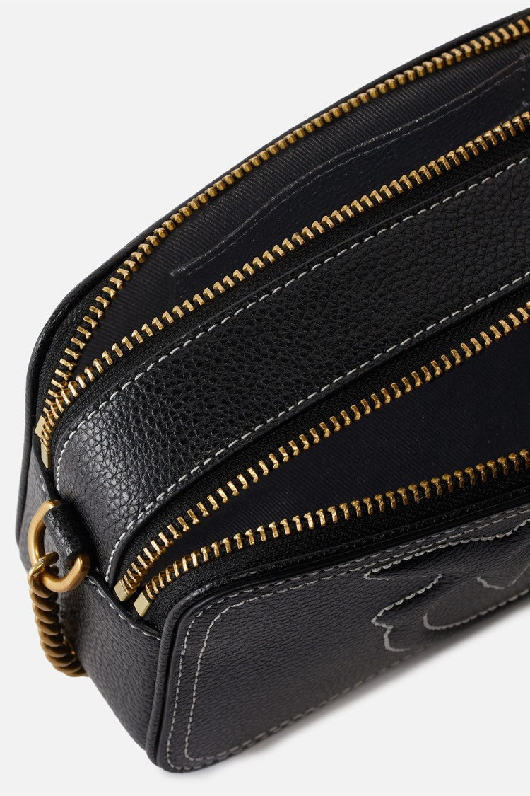 Pinko Black Contrast-Stitched Love Birds Logo Leather Shoulder Bag