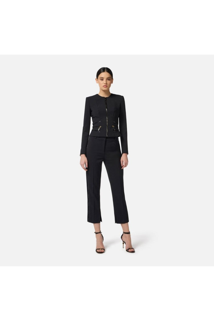 Elisabetta Franchi Black Collarless Corset Zip-Front Polyester-Blend Blazer