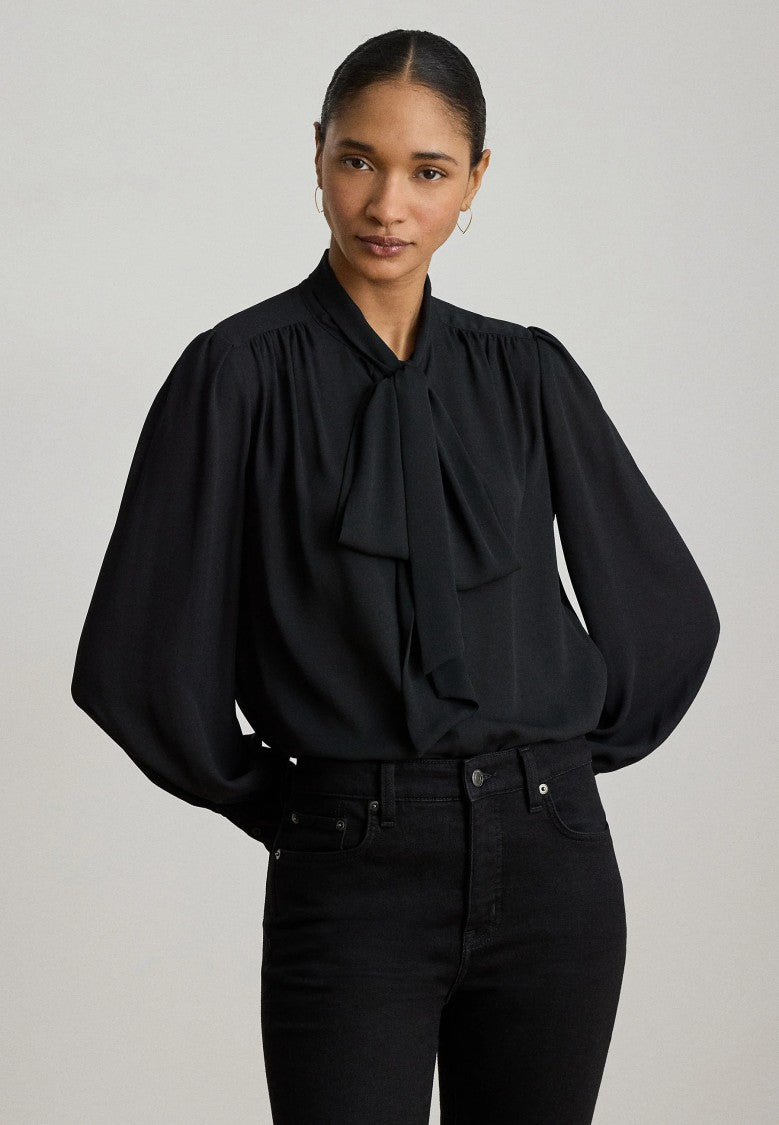 Lauren Ralph Lauren Black Bow-Tie Neckline Voluminous-Sleeve Blouse